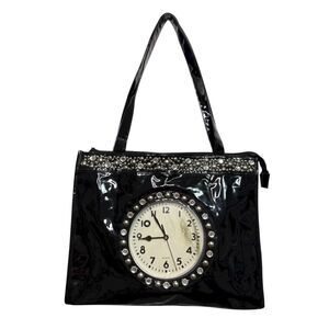 Vtg Far Nine Clock Purse Black Faux Leather Rhinestone Y2K NEW YEARS EVE BAG